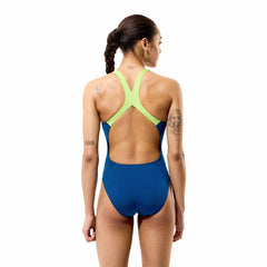 Speedo women's solid Powerback swimsuit in denim teal, featuring a sleek design and supportive fit for swimming activities.