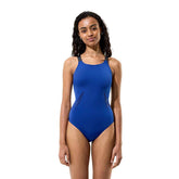 Speedo women's solid Boom Leaderback swimsuit in Night Watch and Anthracite with supportive straps and sleek design.