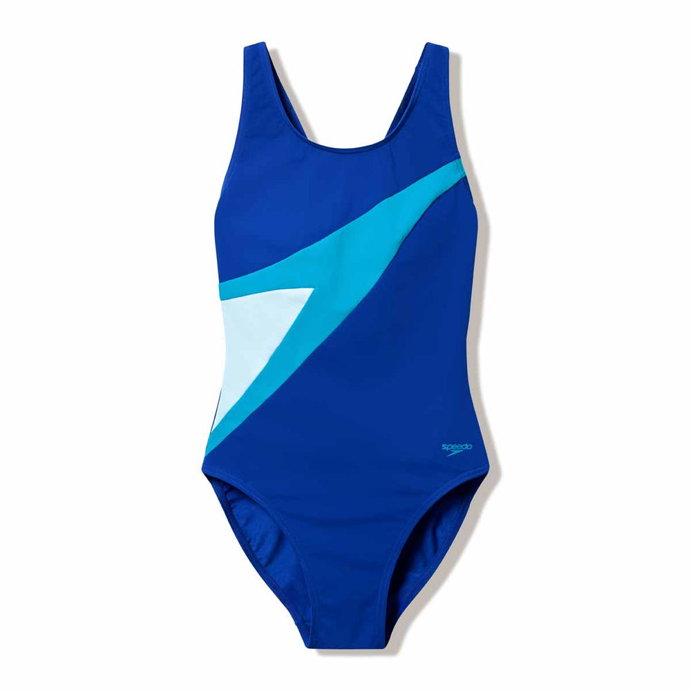 Speedo women's Hyperboom butterfly back swimsuit in Night Watch, Hyper Teal, and Glacier Blue with vibrant, sporty design.