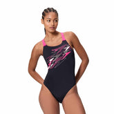 Speedo women's Medley Logo Medalist swimsuit in Anthracite and Margarita Pink, featuring a sleek design and logo detail.
