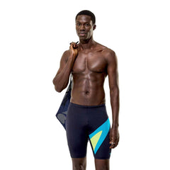 Speedo men's Hyperboom jammer in anthracite and hyper teal, showcasing a sleek swimwear design for competitive swimming.