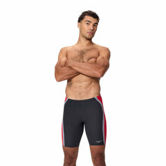Speedo men's solid splice jammer swimsuit in anthracite and high risk red, featuring a sleek design and comfortable fit.
