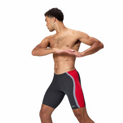 Speedo men's solid splice jammer in anthracite and high risk red, showcasing a close-up of the swimwear fabric and design details.