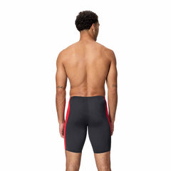 Speedo men's solid splice jammer swimsuit in anthracite and high risk red, featuring a snug fit and athletic design for competitive swimming.