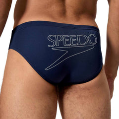 Speedo men's Endurance+ logo brief in peacoat color, 2.5-inch swim brief with brand logo on the front.