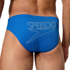 Speedo men's Endurance+ Logo Brief in Turkish Sea, 2.5-inch swim briefs with logo design, durable swimwear for men.