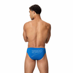 Speedo men's Endurance+ Logo Brief in Turkish Sea color, featuring a 2.5-inch fit and logo detail on the fabric.