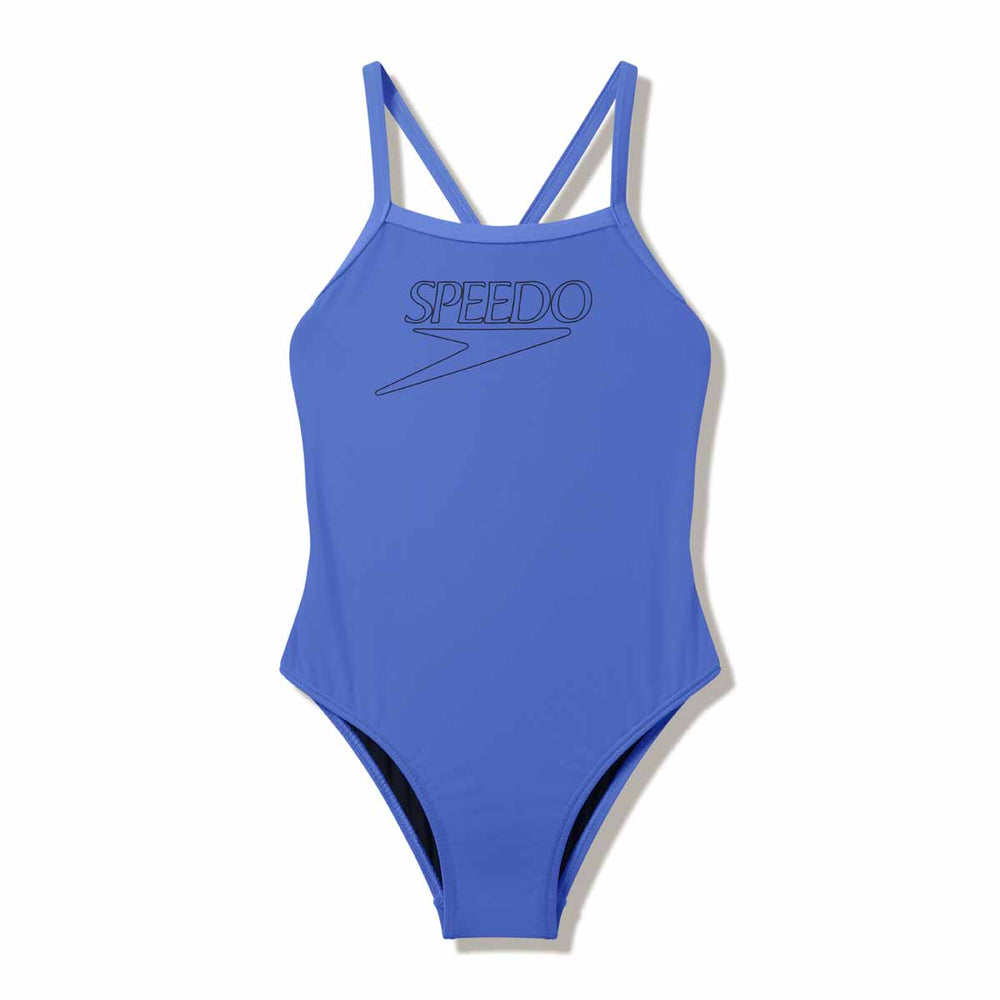 Speedo girls' Endurance+ thinstrap swimsuit in moonlight lavender, featuring the Speedo logo and sleek, sporty design.