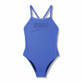 Speedo girls' Endurance+ thinstrap swimsuit in moonlight lavender, featuring the Speedo logo and sleek, sporty design.