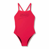 Speedo girls' Endurance+ logo thinstrap swimsuit in Post It Pink, featuring a sleek design and adjustable straps.