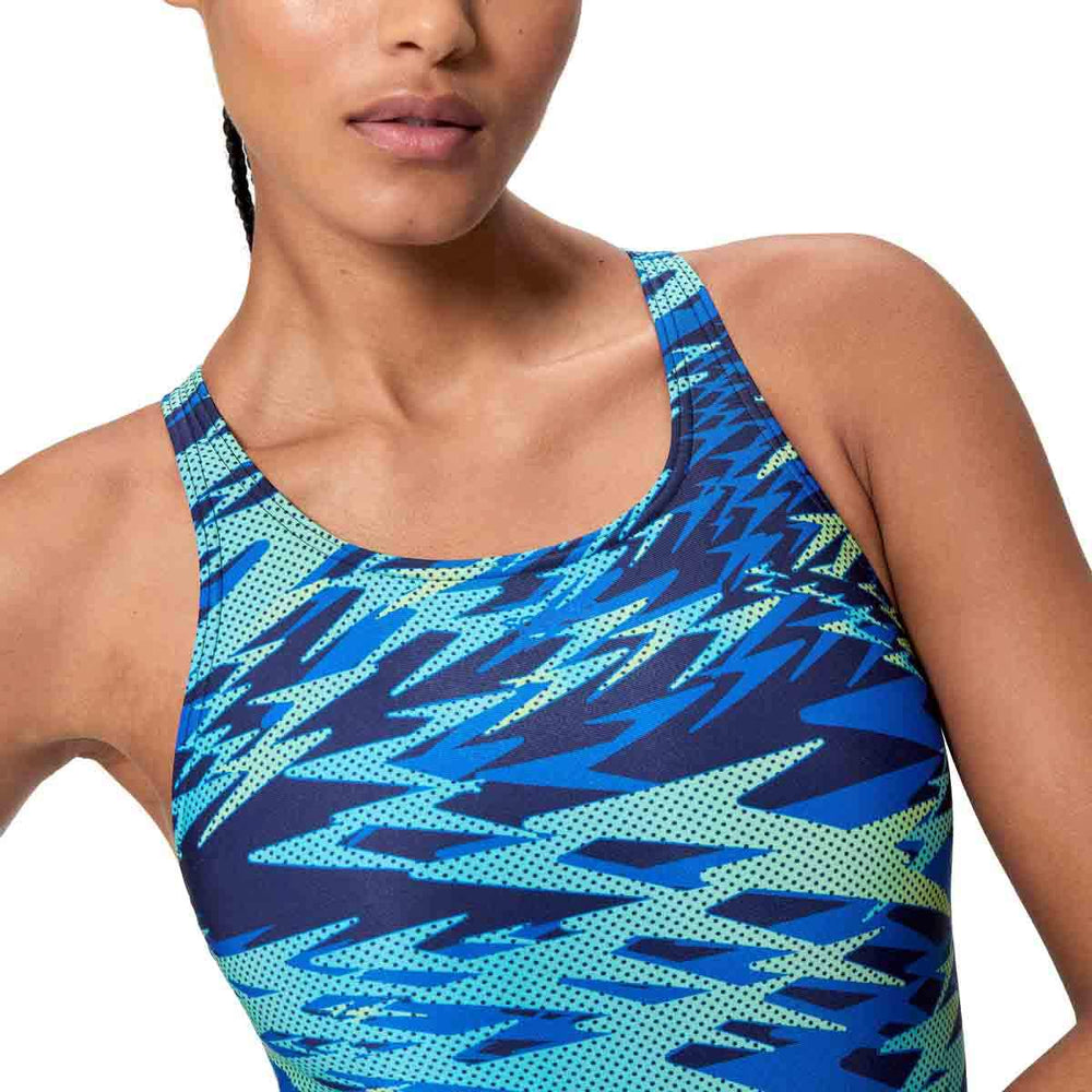 Speedo Women's HyperBoom Print Medalist swimsuit in navy and blue with a vibrant patterned design.