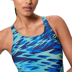 Speedo Women's HyperBoom Print Medalist swimsuit in navy and blue with a vibrant patterned design.