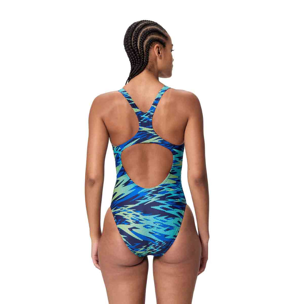 Speedo Women's HyperBoom Print Medalist Swimsuit in navy and blue with vibrant abstract pattern, designed for competitive swimming.