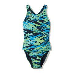 Speedo Women's Hyperboom Print Medalist Swimsuit in hyper teal, featuring a colorful pattern and supportive fit for swimming.