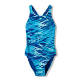 Speedo Women's Hyperboom Print Medalist Swimsuit in Night Watch with vibrant aquatic pattern and supportive fit for swimming.