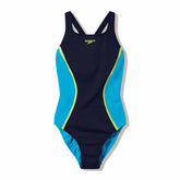 Speedo women's solid splice Medalist swimsuit in anthracite and hyper teal with sleek, streamlined design for competitive swimming.