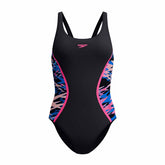 Speedo women's Hyperboom Splice muscleback swimsuit in anthracite and margarita pink, featuring a sleek design and supportive fit.