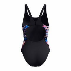 Speedo women's Hyperboom Splice muscleback swimsuit in anthracite and margarita pink with sleek, form-fitting design.
