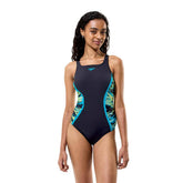 Speedo women's Hyperboom Splice muscleback swimsuit in anthracite and hyper teal, featuring a sleek design and athletic fit.