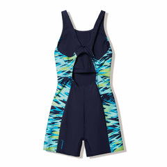 Speedo Women's Hyperboom Splice Muscleback Legsuit in anthracite and hyper teal, featuring a sleek design and athletic fit.