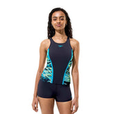 Speedo women's Hyperboom Splice tankini set in anthracite and hyper teal, featuring a stylish two-tone swim top and matching bottoms.