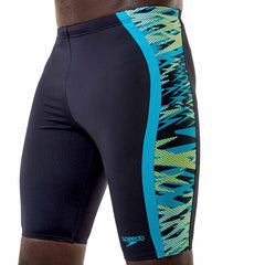 Speedo men's Hyperboom Splice jammer swimsuit in anthracite and hyper teal, featuring a sleek, streamlined design for competitive swimming.