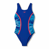 Speedo girls Hyperboom Splice muscleback swimsuit in Night Watch and Hyper Teal with colorful splice design.