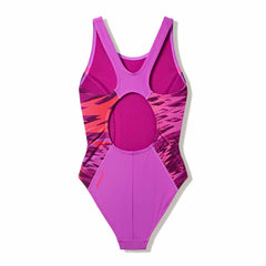 Speedo girls' Hyperboom Splice muscleback swimsuit in neon jelly and post-it pink, featuring vibrant color blocks and sleek design.