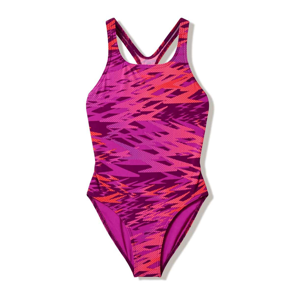 Speedo girls Hyperboom print medalist swimsuit in neon jelly and post-it pink, featuring colorful swimwear design for young swimmers.