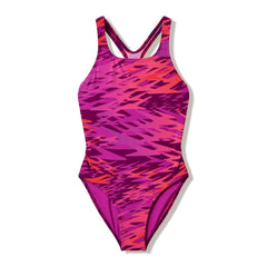 Speedo girls Hyperboom print medalist swimsuit in neon jelly and post-it pink, featuring colorful swimwear design for young swimmers.
