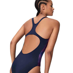 Speedo women's print Medalist swimsuit in peacoat color, featuring a stylish design and comfortable fit for swimming.