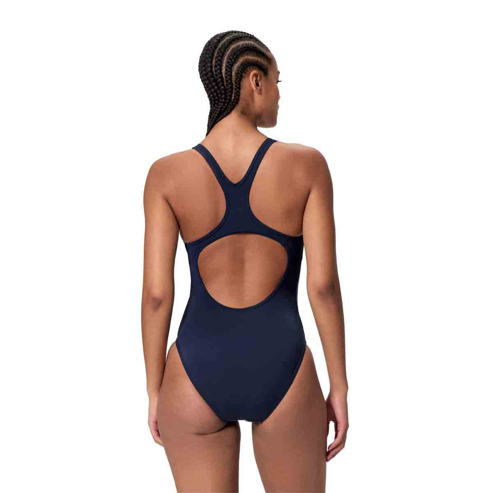 Speedo women's print Medalist swimsuit in peacoat color, featuring a stylish design and supportive fit, perfect for swimming.