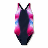 Speedo women's print Medalist swimsuit in anthracite with a sleek, fitted design and colorful pattern, suitable for competitive swimming.