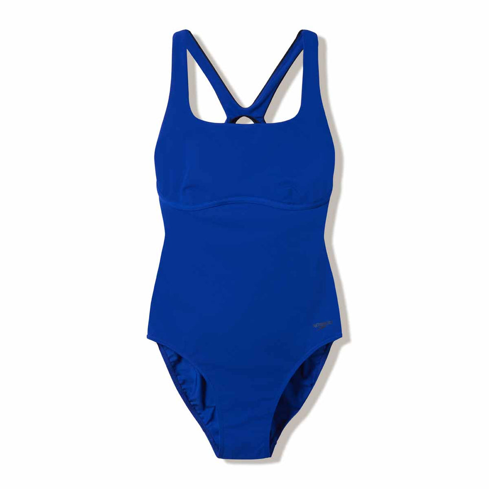 Speedo women's solid Flex Band swimsuit in Night Watch and Anthracite, shown with sleek, supportive design and full coverage.