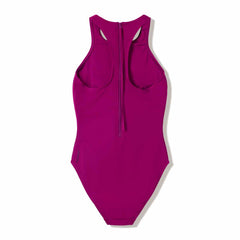 Speedo women's solid racerback zip swimsuit in Berry Cool color, featuring a sleek design and supportive fit.