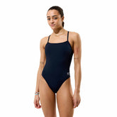 Speedo Women's Solid Endurance+ Max V-Back 2.0 swimsuit in black, featuring a sleek V-back design and comfortable fit.