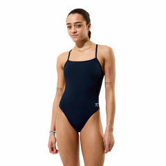Speedo Women's Solid Endurance+ Max V-Back 2.0 swimsuit in black, featuring a sleek V-back design and comfortable fit.