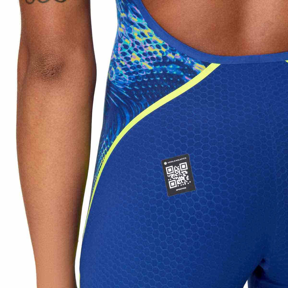 Speedo Women's Fastskin LZR Pure Intent 2.0 openback kneesuit in blue and multi-color, designed for competitive swimming.