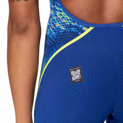Speedo Women's Fastskin LZR Pure Intent 2.0 openback kneesuit in blue and multi-color, designed for competitive swimming.