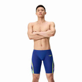 Speedo men's Fastskin LZR Pure Intent 2.0 jammer in blue and multi-color, close-up showing sleek swimwear design.