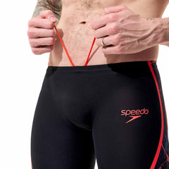 Speedo men's Fastskin LZR Pure Intent 2.0 printed jammer in black with black ember and flare design, designed for competitive swimming.
