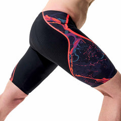 Speedo men's Fastskin LZR Pure Intent 2.0 printed jammer in black with ember and flare designs, designed for competitive swimming.