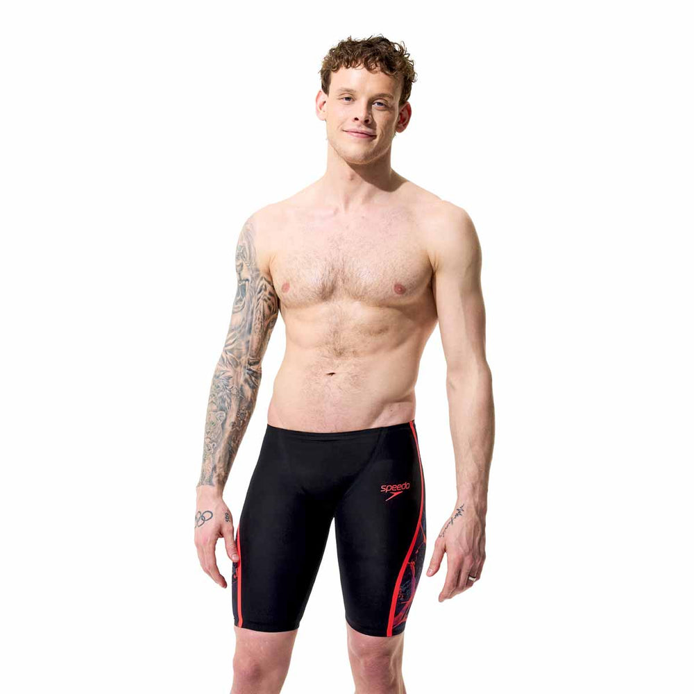 Speedo men's Fastskin LZR Pure Intent 2.0 printed jammers in black with ember and flare accents, designed for competitive swimming.