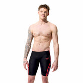 Speedo men's Fastskin LZR Pure Intent 2.0 printed jammers in black with ember and flare accents, designed for competitive swimming.