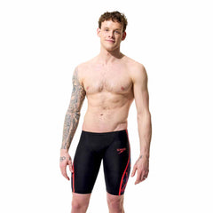 Speedo men's Fastskin LZR Pure Intent 2.0 printed jammers in black with ember and flare accents, designed for competitive swimming.