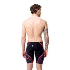 Speedo men's Fastskin LZR Pure Intent 2.0 printed jammers in black and orange with sleek design for competitive swimming.