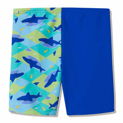 Speedo boys' print jammer in deep sapphire with colorful patterns, designed for swimming and active water sports.