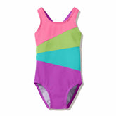 Speedo girls neon jelly swimsuit with radiating splice design, vibrant colors, and comfortable fit for swimming and active water play.