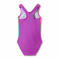 Speedo girls neon jelly swimsuit with radiating splice design, vibrant colors, and sporty fit for swimming and active water sports.