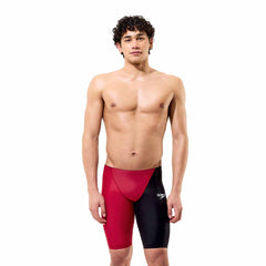 Speedo men's Fastskin LZR HyperPro jammer in regal red and black, showcasing the sleek swimwear design with fitted fabric.